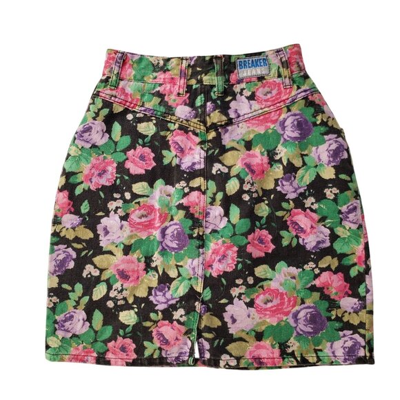 Vintage 80s 90s Floral Denim Skirt XS Breaker Jeans Pinch Waist Retro Mini - Picture 6 of 8